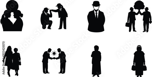 Diverse Silhouettes of Couples, Business, and Everyday Moments in Black and White