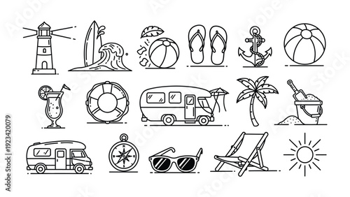 Summer Essentials: A collection of meticulously drawn summer-themed icons, encapsulating the spirit of sun-soaked holidays and outdoor adventures.