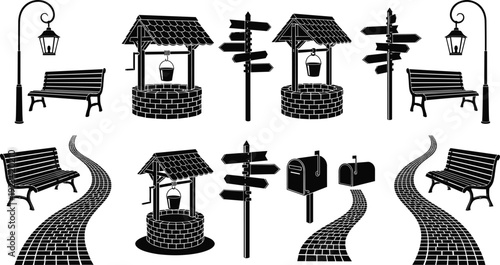 Black vector silhouette set of garden landscape elements including water wells park benches street lamps directional signposts mailboxes and cobblestone paths isolated on white background.