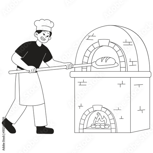 Pastry and Bakery Illustration. Vector illustration of a baker placing bread into a traditional stone oven using a long paddle. Isolated on background