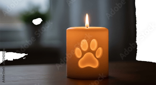Warm orange candle with paw print design on dark surface by window with snow outside