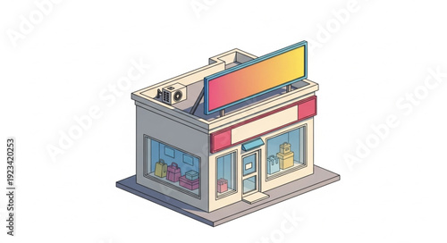 Isometric illustration of a small shop with a colorful sign, showcasing architectural design.