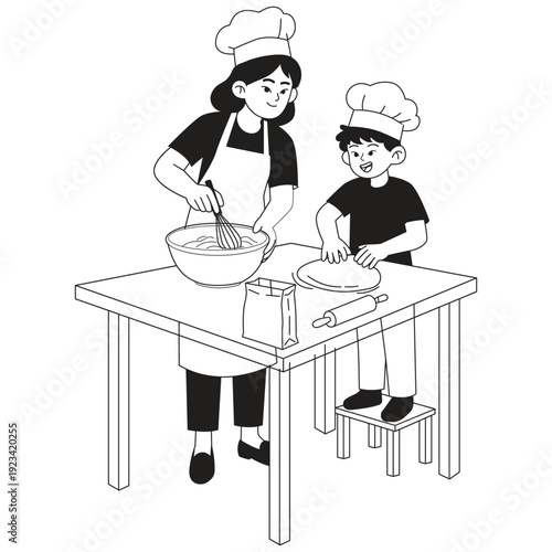 Pastry and Bakery Illustration. Vector illustration of Mother and child preparing dough together at a table, mixing ingredients and learning baking at home. Isolated on background
