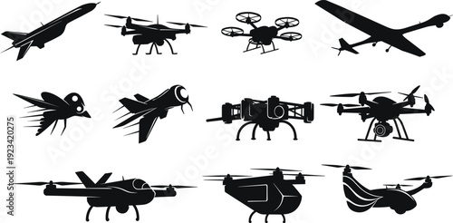 The image is a collection of 12 black silhouettes of various aerial vehicles, presented on a clean white background.