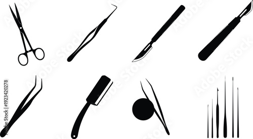 The image is a collection of black silhouettes of various surgical instruments against a plain white background.