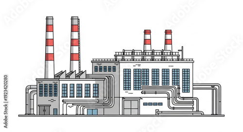 Detailed illustration of a large industrial factory with multiple chimneys and complex structures.