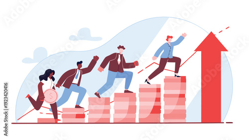 Diverse business team members run up a staircase of coin stacks towards a large red upward arrow symbolizing financial growth.