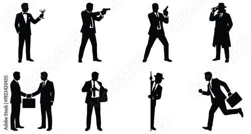 The image is a grid of eight black silhouette illustrations of men, predominantly in suits, against a plain white background.