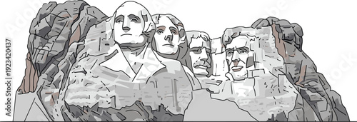 Mount Rushmore illustration featuring presidential sculptures, granite mountain carving, American heritage monument, historic landmark, and cultural USA travel vector design
