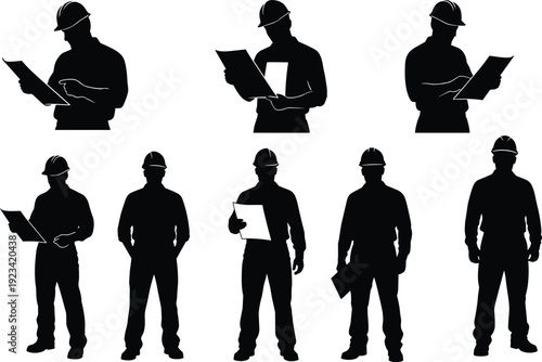 Construction worker silhouettes set, engineer builder with helmet holding documents, industrial labor poses, professional safety concept, isolated vector illustration