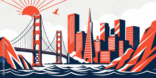 Art Deco Style San Francisco Skyline SVG – Geometric Vector Design of Iconic SF Cityscape, Retro 1920s Banner, Card, Flyer with Minimal Line Art Aesthetic