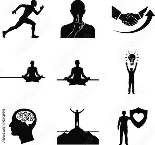 The image is a grid of nine black and white silhouette icons, arranged in three rows and three columns.