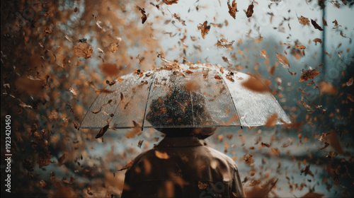 Wallpaper Mural A person is standing under an umbrella in a windy autumn day. The leaves are falling around them, creating a sense of movement and change. The umbrella provides shelter from the wind and rain Torontodigital.ca