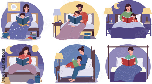 Parents reading bedtime stories to children, family bonding moments, night routine, kids' education, cozy evening, and relaxing home illustration.