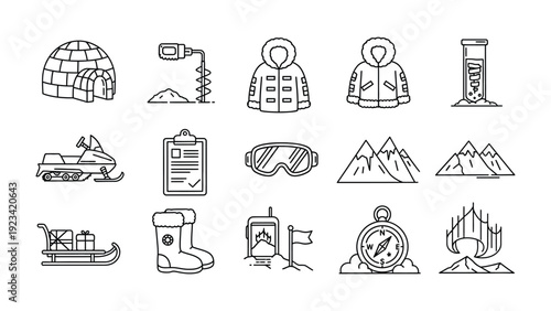 Arctic Exploration Icons: A collection of meticulously crafted line icons representing the essence of arctic exploration, offering a glimpse into the tools and elements that define polar adventures.