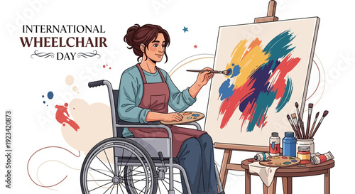 A woman in a wheelchair paints on a canvas with colorful brushstrokes, celebrating International Wheelchair Day with disability inclusion and accessibility in mind, using assistive