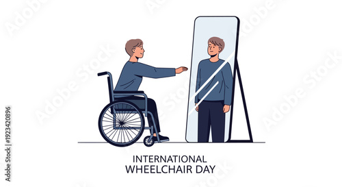 Vector illustration of a man in a wheelchair looking at his reflection in a mirror on International Wheelchair Day, promoting disability inclusion and accessibility with a blue and white