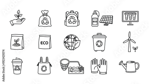 Eco-Friendly Icons: A collection of meticulously crafted, line-art icons related to environmental sustainability and conservation, each symbolizing a different aspect of eco-conscious living.