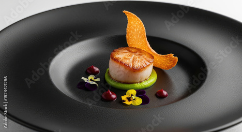 A beautifully presented dish of seared scallops on a bed of green puree, garnished with edible flowers and microgreens on a black plate.