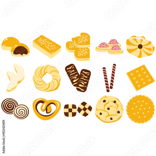 Assorted sweet cookies and crunchy biscuit illustration collection. Vibrant flat vector graphics for bakery cafe menus, dessert recipe books, food blog branding, and afternoon tea party invitations.