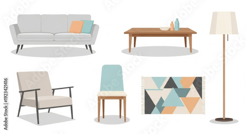 Modern Living Room Furniture Collection Vector Illustration.