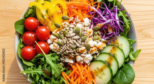 A vibrant and healthy salad bowl filled with fresh vegetables and nutritious ingredients on a wooden table