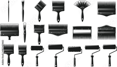 Black vector silhouette set of professional house painting tools including various flat brushes sash brushes artist brushes and paint rollers isolated on white background.
