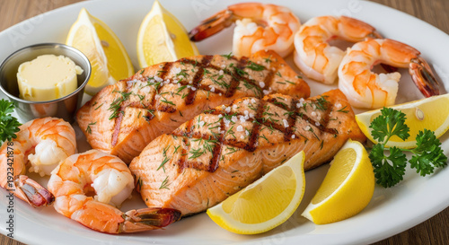 A delicious plate of grilled salmon and shrimp with lemon wedges and butter