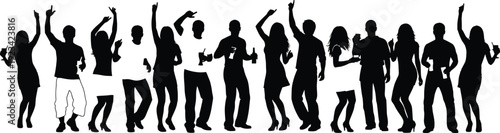 Dancing people silhouettes at party event celebration isolated on white background flat black vector illustration nightlife crowd concept