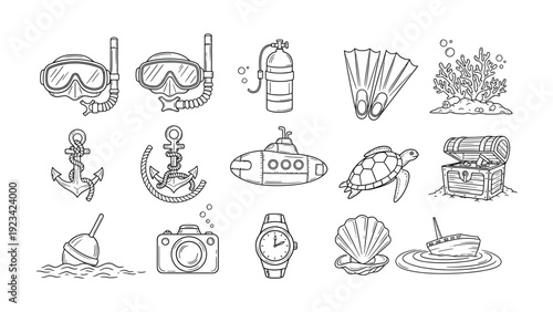 Underwater Exploration Icons: An illustration showcasing essential tools and marine elements, inviting viewers to explore the mysteries of the deep sea. 