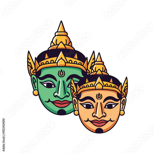 Stylized vector illustration of vibrant traditional Asian theatrical masks with golden crowns, representing cultural heritage.