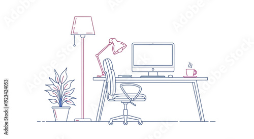 Pastel line art of a tidy home office desk with computer, chair, lamp and plant, capturing a calm, focused workspace in soft sketch style