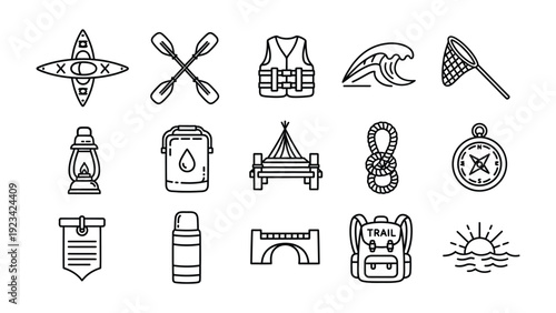 Outdoor Adventure Icons: A collection of meticulously crafted line art icons encapsulates the spirit of outdoor adventure, encompassing essential gear for exploration and discovery.