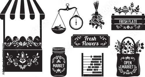 Black and white vintage market and fresh produce with text fresh flowers