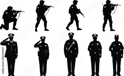 Black vector silhouette set of professional law enforcement officers and military soldiers featuring police saluting standing guard and tactical troops in combat poses isolated.