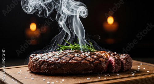 A grilled steak on a wooden cutting board with smoke rising and salt sprinkled on top