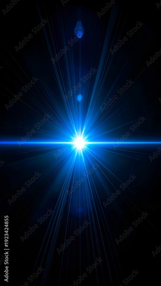Fototapeta premium Bright blue light emitting rays against a black backdrop, starburst effect