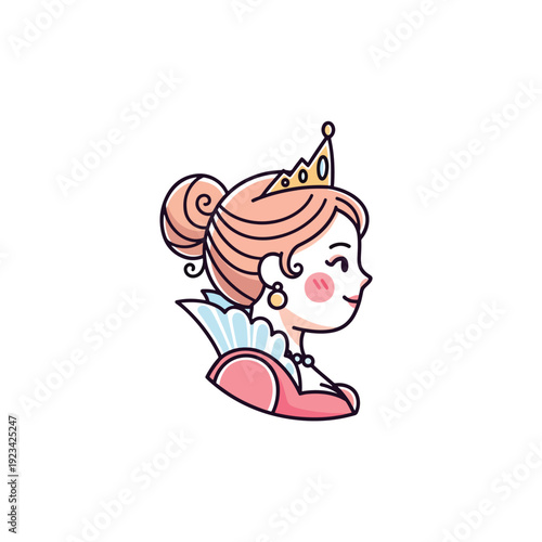Elegant Side Profile Illustration of a Smiling Princess with a Crown and Classic Hairstyle Vector Art