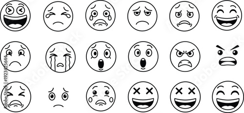 Emoji facial expressions icon set, happy sad angry surprised faces, emotional reaction symbols, cartoon emoticon collection, isolated outline vector