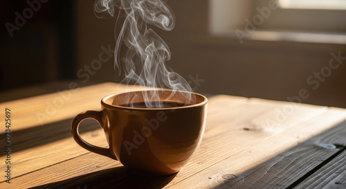 A steaming cup of coffee sits on a wooden table in a cozy room with natural light