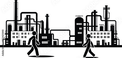 Industrial Factory Plant Silhouette with Workers Walking, Oil Refinery and Manufacturing Industry Infrastructure Isolated on White Background for Engineering Concept Design