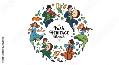 Vector illustration of people celebrating Irish Heritage Month with traditional music and dance against a white background with shamrocks and Celtic elements.