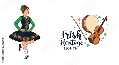 Vector illustration of an Irish dancer in traditional attire with a violin, drum, and shamrocks celebrating Irish Heritage Month on a white background with a festive mood.