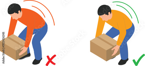 Proper lifting technique versus incorrect posture illustration showing safe manual handling box lifting ergonomics workplace safety training vector concept comparison