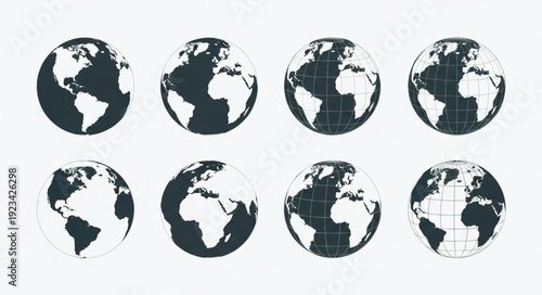 Eight Earth globes arranged in two rows on a white background.