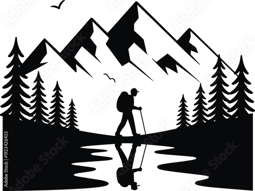 Hiker silhouette in mountain landscape with forest and river reflection isolated on white background outdoor adventure travel vector illustration design