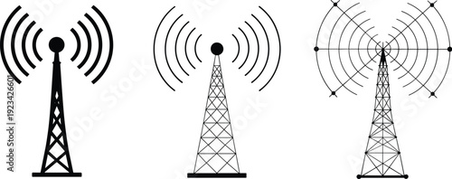 Wireless communication towers silhouettes set with signal waves, radio antenna transmission, telecom network technology concept isolated on white background for broadcasting systems
