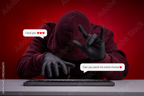 Quadro em tela Hacker in hoodie and gloves using online romance scam tactics, sending fake love messages to deceive victims for money with I love You hand sign
