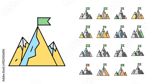 Illustration of a mountain summit with a green flag and adventurers signaling achievement and exploration.