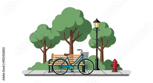 A charming illustration of a bicycle parked near a park bench and trees.
